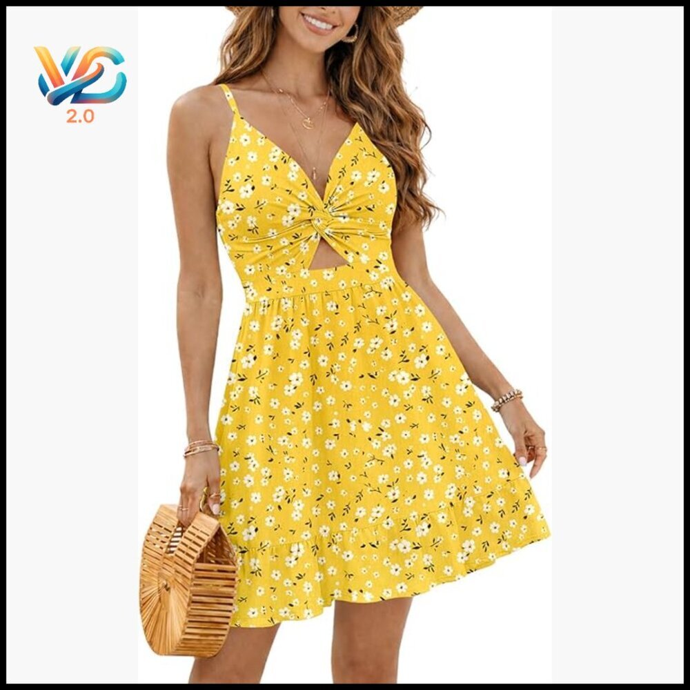 Floral Sundress with V-Neck Twist Front Cutout Spaghetti Strap A-Line Ruffle Hem